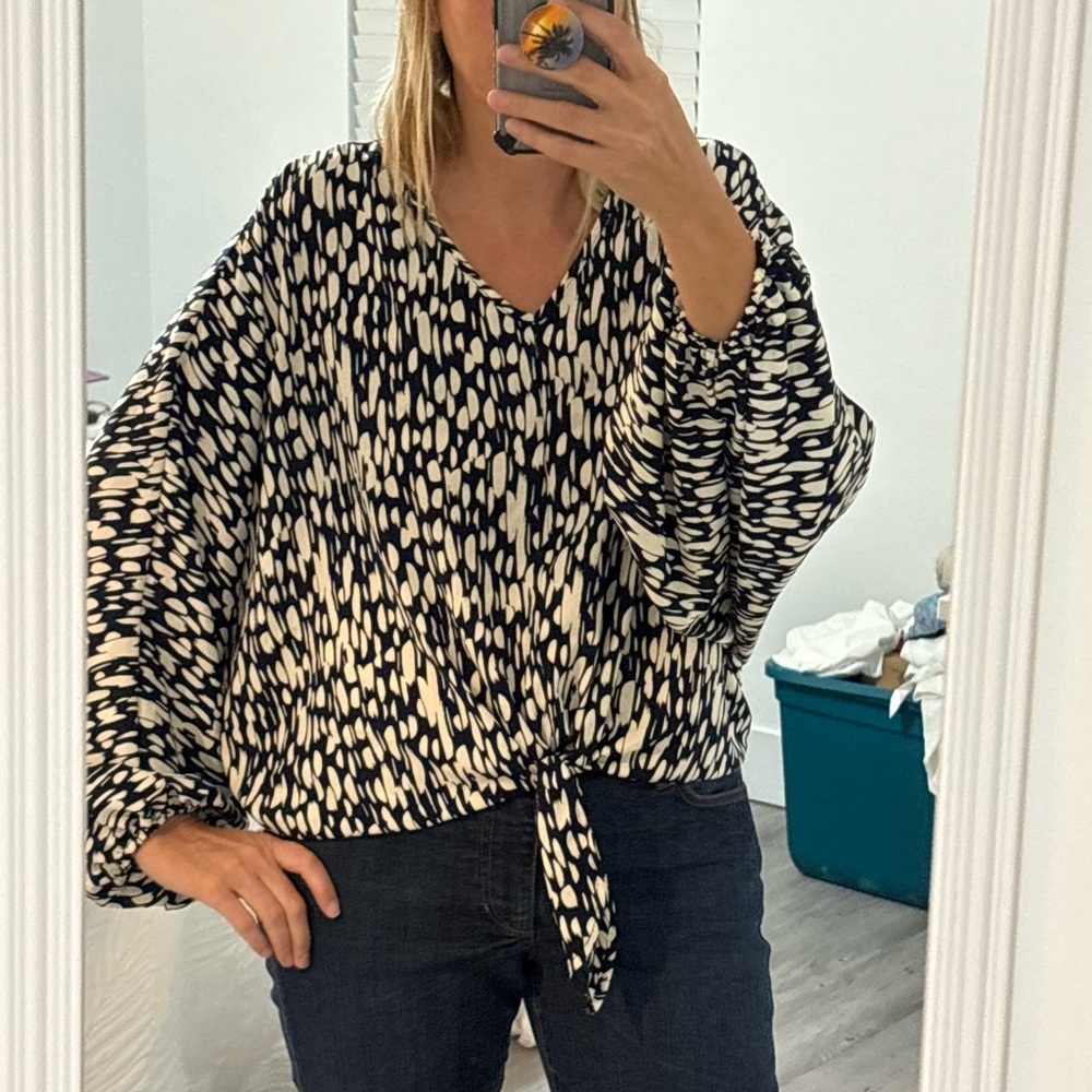 Navy and White Patterned Blouse